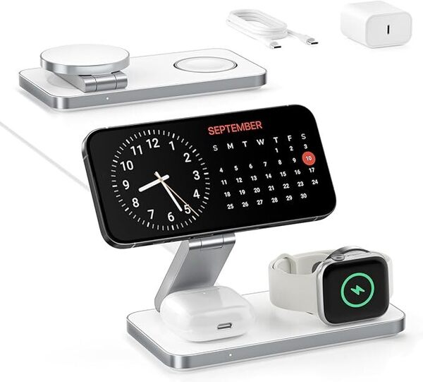 ワイヤレス充電器 3in1 折り畳み式 Magsafe充電器 同時に3つのデバイス充電 15W/10W/7.5W マルチ充電スタンド 充電器 マグネット式