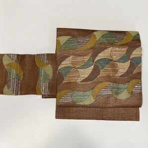 名古屋帯 夏物 紗 すくい織 正絹 中古 波 茶so039