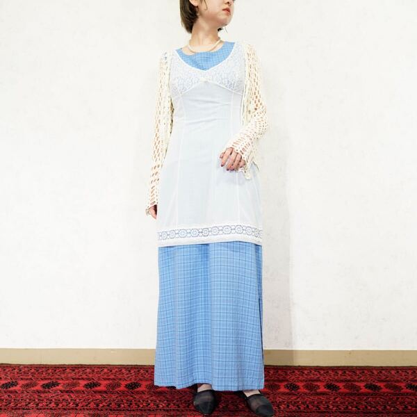 60’s〜70’s USA VINTAGE 60年代〜70年代アメリカ古着レースシアーデザインナイティドレスノースリーブワンピース