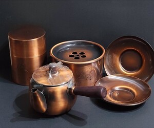 翠玉堂 純銅製 茶器セット 急須 茶筒 建水 茶托4枚 翠玉刻 茶器揃 中古 送料無料 即決