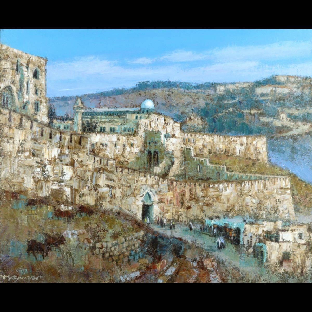 「真作」松尾洋明 「ヘブロンの街角」風景画　油彩画　額装　サイン有り　F4号 真作」松尾洋明 「ヘブロンの街角」風景画油彩画額装サイン有りF4号