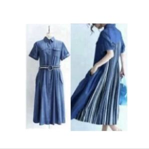 カワイイ 爽やかストライプのデニムシャツワンピース(ベルト付) ロング半蔵シャツ