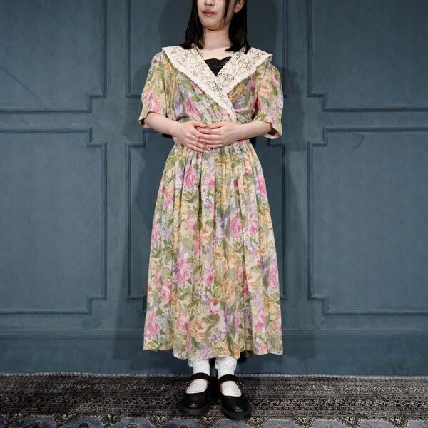 USA VINTAGE LadyCarol FLOWER PATTERNED LACE COLLAR BELTED DESIGN ONE PIECE/アメリカ古着お花柄レース襟ベルテッドデザインワンピース