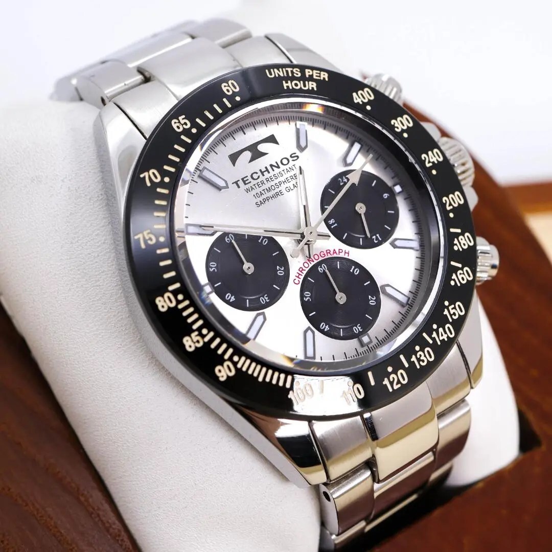 美品 TECHNOS テクノス T9A40 アナログ クォーツ 腕時計 ブラック文字盤 メタルベルト ステンレススチール デイトカレンダー 動作確認済み