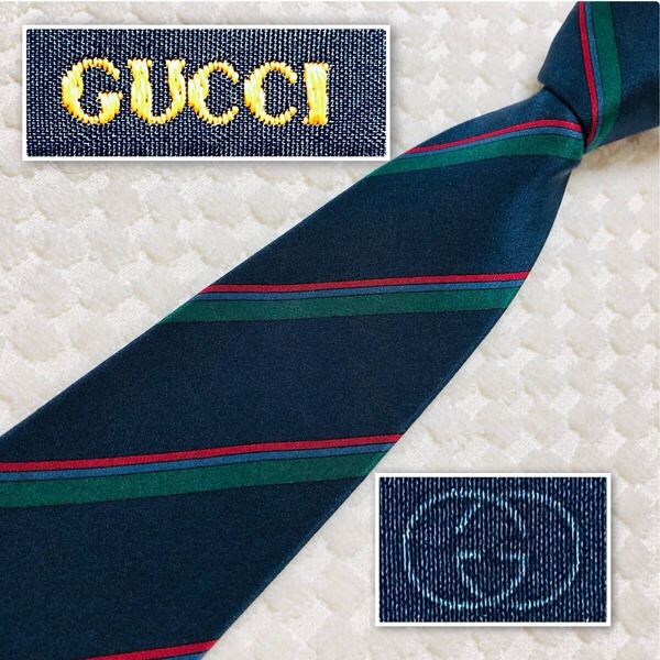 ■美品■GUCCI グッチ ネクタイ レジメンタルストライプ インターロッキングG シルク100% イタリア製 ネイビー ビジネス