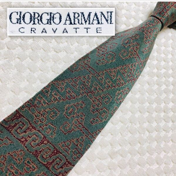 ■美品■GIORGIO ARMANI ジョルジオアルマーニ ネクタイ 壁画 レンガ 総柄 シルク100% イタリア製 モスグリーン×えんじ ビジネス