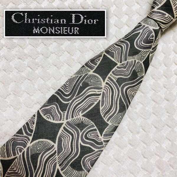 Christian Dior クリスチャンディオール ネクタイ 楕円 総柄 モスグリーン×ベージュ シルク100% ビジネス