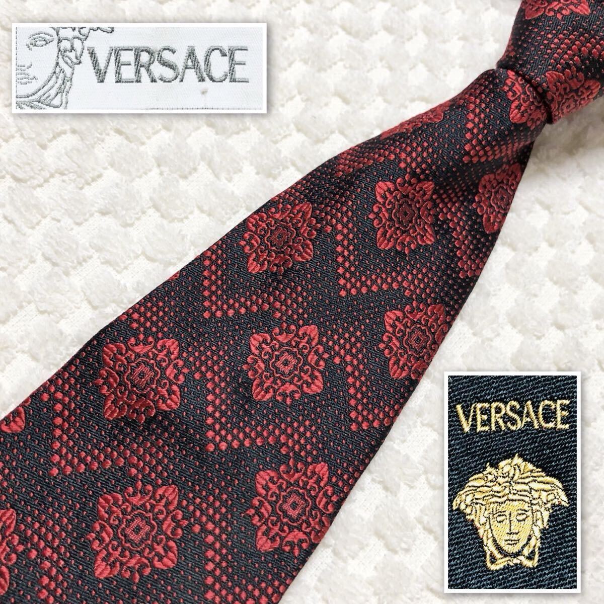 【未使用に近い✨】ヴェルサーチ ネクタイ レッド バロック 現行モデル 肉厚生地 未使用に近い✨】ヴェルサーチ ネクタイ レッド バロック 現行