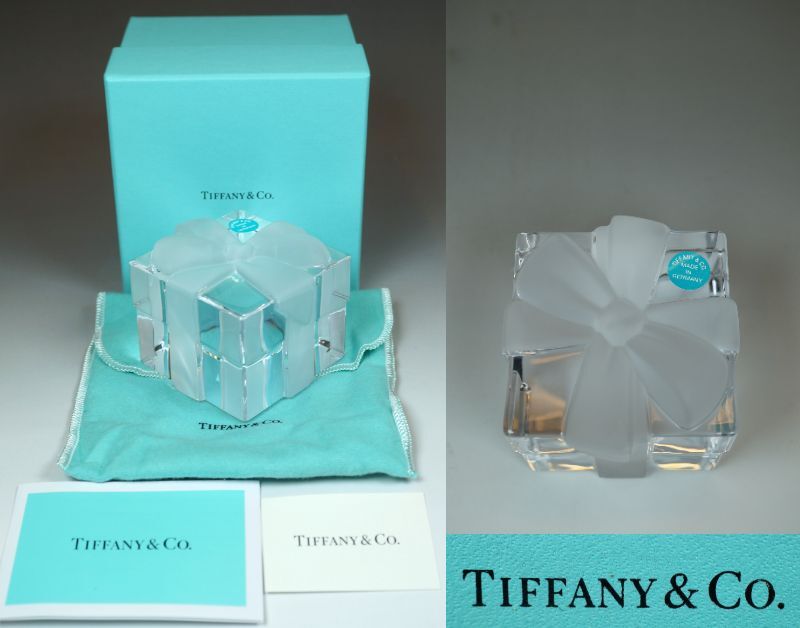 正規新古 ティファニー プレゼントBOX×リボン クリスタルペーパーウェイト Tiffany & Co. - 【未使用品】ティファニー クリスタルのリボン