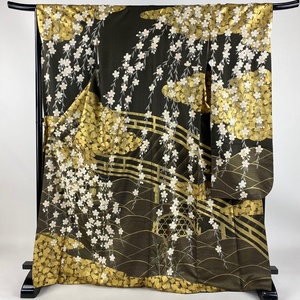 振袖 身丈170cm 裄丈65.5cm M 袷 枝垂れ桜 槌車 金彩 茶緑色 正絹 名品 【中古】