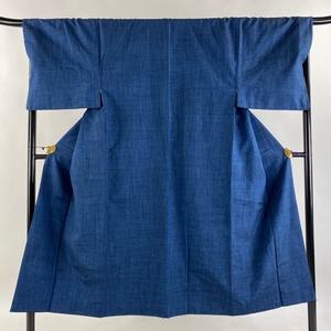 男着物 身丈145cm 裄丈71cm M 袷 紬 アンサンブル 縦縞 藍色 正絹 美品 秀品 【中古】