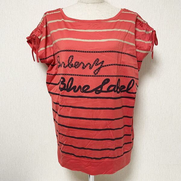 即決☆BURBERRY バーバリー ブルーレーベル ボーダー ノースリーブ カットソー トップス ギャザー リボン袖 ロゴ 38 M