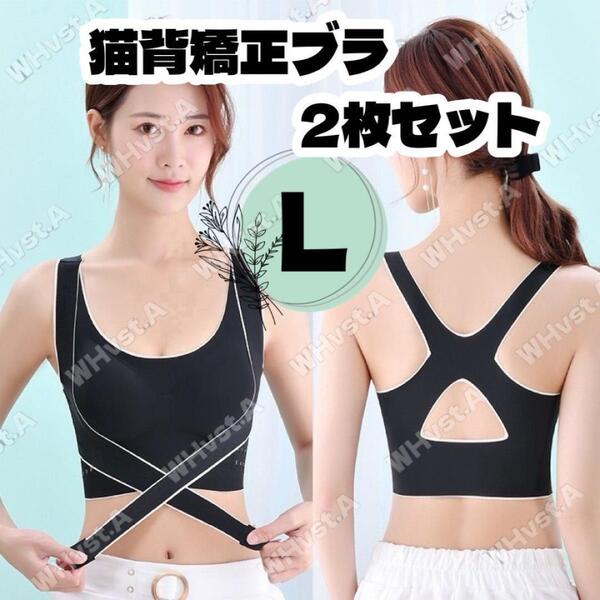 姿勢矯正 猫背矯正ブラ 2枚セット L ブラック ナイトブラ 補正ブラ 育乳ブラ
