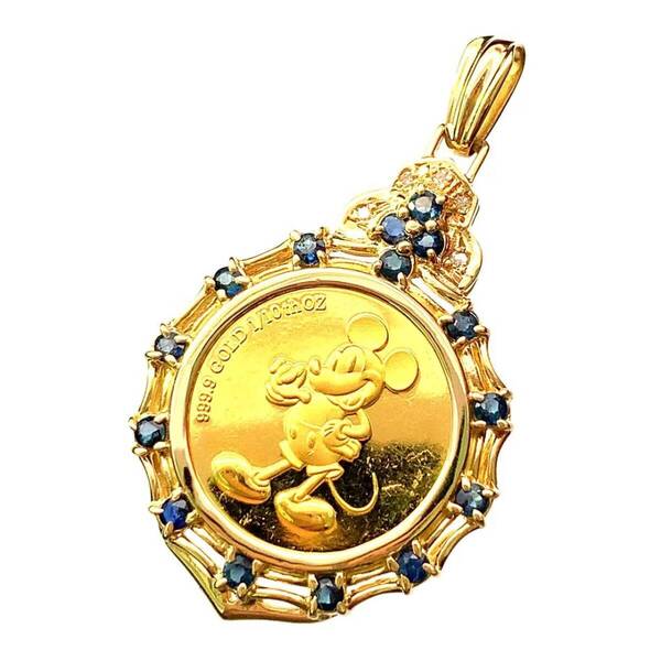 22648 ディズニー金貨 ミッキー 7.4g 純金 K18/24 サファイヤ ダイヤモンド 1/10オンス イエローゴールド ペンダントトップ Gold