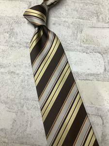 新品最高級　日本製シルクネクタイ！京都織物使用　薄い芯使用で結びやすさバツグン　ブラウンとゴールドコンビストライプ