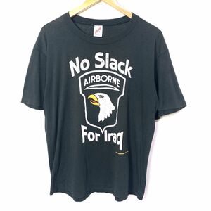 ■90s 90年代 JERZEES USA製 No Slack For Iraq AIRBORNE イーグルヘッド 半袖Tシャツ 古着 アメカジ ミリタリー ブラック サイズXL■