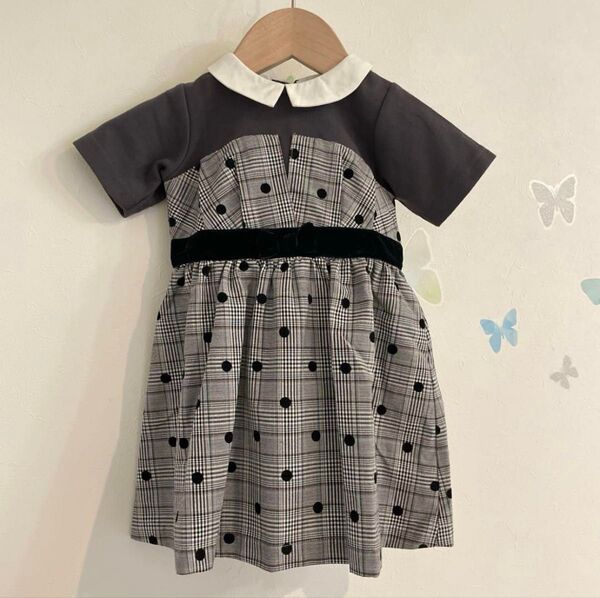 12【90】ブリーズ 半袖 ワンピース ドット チェック柄