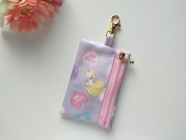 リール付き キーケース キャンディハート&ユニコーン ラベンダー ハンドメイド 女の子用