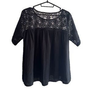 レース切り替えチュニックブラウス 半袖 ブラック ゆったりシルエット