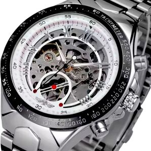 新品 WINNER 自動巻機械式腕時計 メンズウォッチ ホワイト& シルバーステンレスベルト