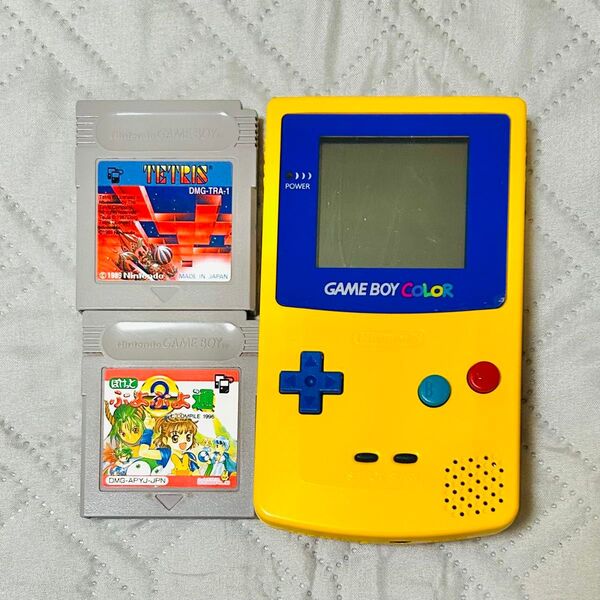 【整備品】ゲームボーイカラー 画面とボタン新品交換済 画面一時保護フィルム付き テトリス ぷよぷよ カセットセット 単三電池 同梱