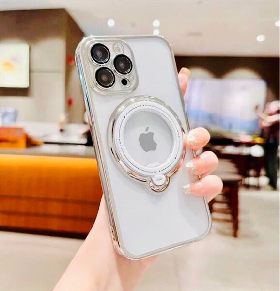 iPhone13promax シルバー メッキ加工 クリア ケース 360度回転 ホワイトリング付 レンズ フルカバー ラスト♪