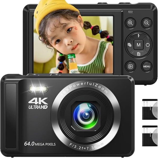 デジカメ 4K 6400万画素 デジタルカメラ 初心者向け 日本語説明書 小型 AFオートフォーカス 笑顔検出