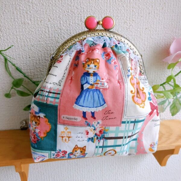 12.5㌢がま口ポーチオシャレ猫ピンク ハンドメイド がま口ポーチ 小物入れ ポーチ あめ玉
