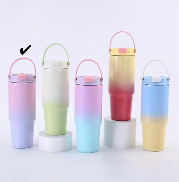 ステンレス製 グラデーションカラー 携帯用カーカップ ダブルレイヤーストロー アイスキングカップ 900ml キャリータンブラー