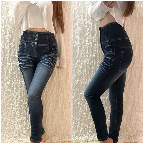 ラグナムーン ダークブルー ハイウエスト スキニーデニム スキニーパンツ スキニー デニム パンツ LAGUNAMOON