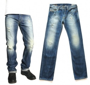 DIESEL SAFADO 008QL REGULAR SLIM-STRAIGHT インディゴ ストレート デニム W28L32 クラッシュ ダメージ加工 DNA ※レターパック可