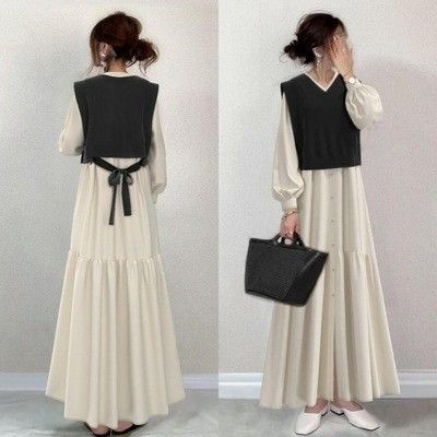 ニットベストワンピースワンピ2点セットアップ韓国大人可愛いロングシャツワンピ白 大人可愛い 配色 通勤 ナチュラルクチュール