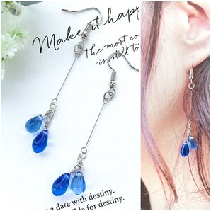 NO.419 チェコビーズ2連ブルードロップ/ピアス/イヤリング/サファイアブルー/雫/サージカルステンレス/シルバー