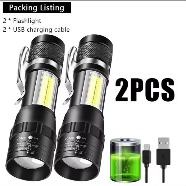 2個セット LED 小型 ハンディライト 懐中電灯 USB充電