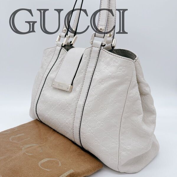 【良品】GUCCI グッチ トートバッグ ハンドバッグ レザー GG グッチシマ アイボリー 211935