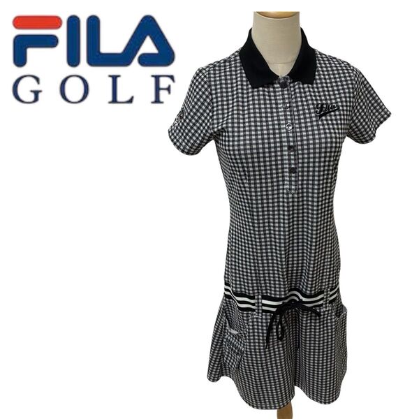 FILA GOLF チェック柄ポロワンピース ゴルフウェア Lサイズ 美品 黒 半袖 フィラゴルフ レディース ポロシャツ