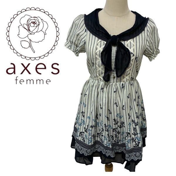 axes femme ストライプ ワンピース ボウタイリボン マリン柄 レース アクシーズファム フリル Mサイズ 美品 半袖