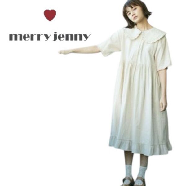 merry jenny フリル襟 ワンピース くま ベア 刺繍 シャツワンピ メェリージェニー ロング丈 アイボリー フリーサイズ