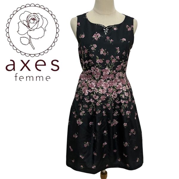 axes femme 花柄ワンピース 黒/ピンク ビジュー ノースリーブ 美品 アクシーズファム Mサイズ ブーケ柄 ガーリー