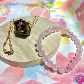 恋愛運UPピンクトルマリンネックレスとローズクォーツブレスレットセット
