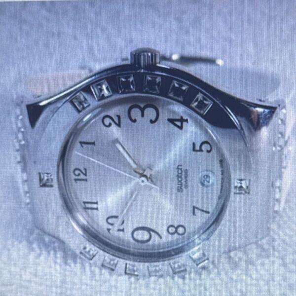 Swatch 2006ラインストーン装飾 腕時計 シルバー レディース電池交換済み・稼働中・美品・純正社バンド18cm