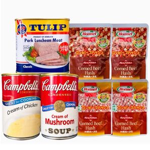 ◆人気商品◆チューリップランチョンミート①・キャンベルスープ②・コンビーフハッシュ(2種類・ビーフ100%)④・7点セット/大好評