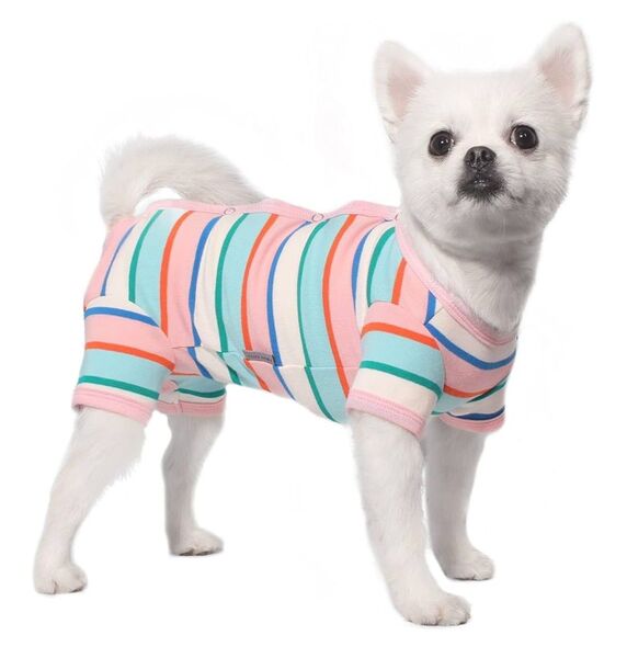 Lサイズ 女の子用 中型犬ロンパースパジャマ術後服tonyhobyエリザベスカラーカラフルボーダー
