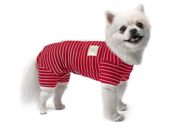 Lサイズ 女の子中型犬ロンパースパジャマ術後服tonyhoby赤エリザベスカラーワッフル生地背中ボタン