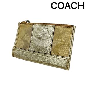 【COACH】 コーチ シグネチャー キーリング付き カードケース コインケース レザー キャンバス 小銭入れ ゴールドカラー