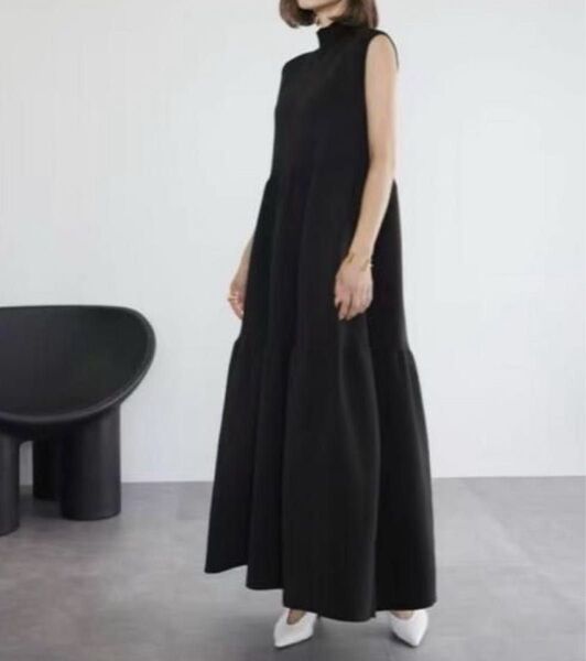 ワンピース ロング マキシ丈 ティアード ブラック ポケット ワンピース きれいめ 大きいサイズ ニット ノースリーブ 着痩せ