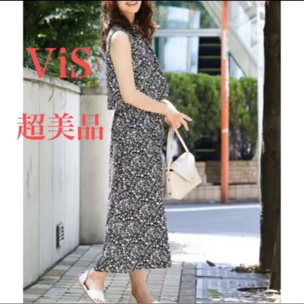 【超美品】ViS ビス フラワープリント ノースリーブドロストワンピース レディースロングワンピース 花柄 総柄 Fサイズ