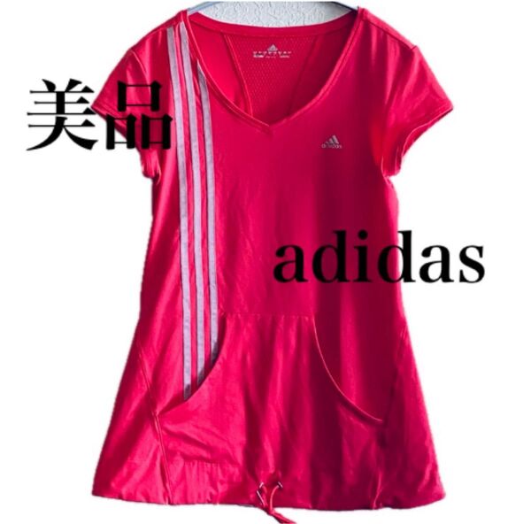 【美品】【速乾】adidas CLIMACOOL チュニック丈半袖Tシャツ ピンク スポーツウェア ゴルフウェア テニスウェア L