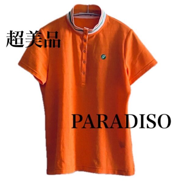 【超美品】Paradiso パラディーゾ レディース 半袖ポロシャツ トップス オレンジ ロゴ刺繍 背面プリント ゴルフウェア L