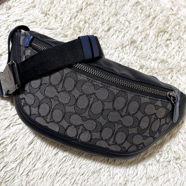 COACH コーチ ウエストポーチ リーグ シグネチャー ジャガード ボディバッグ 斜め掛け キャンバス レザー 本革 ブラック